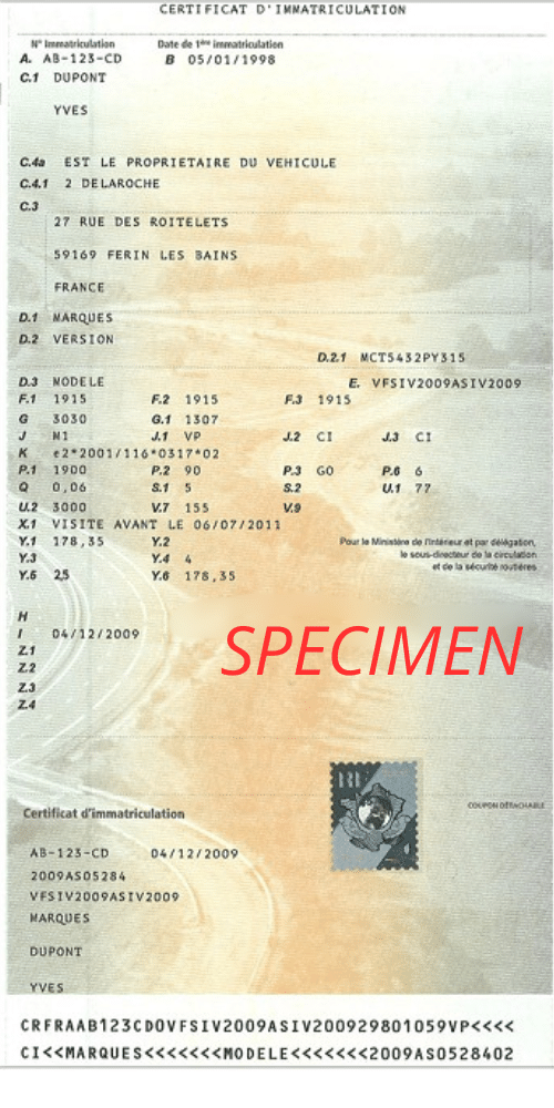 Carte grise Specimen