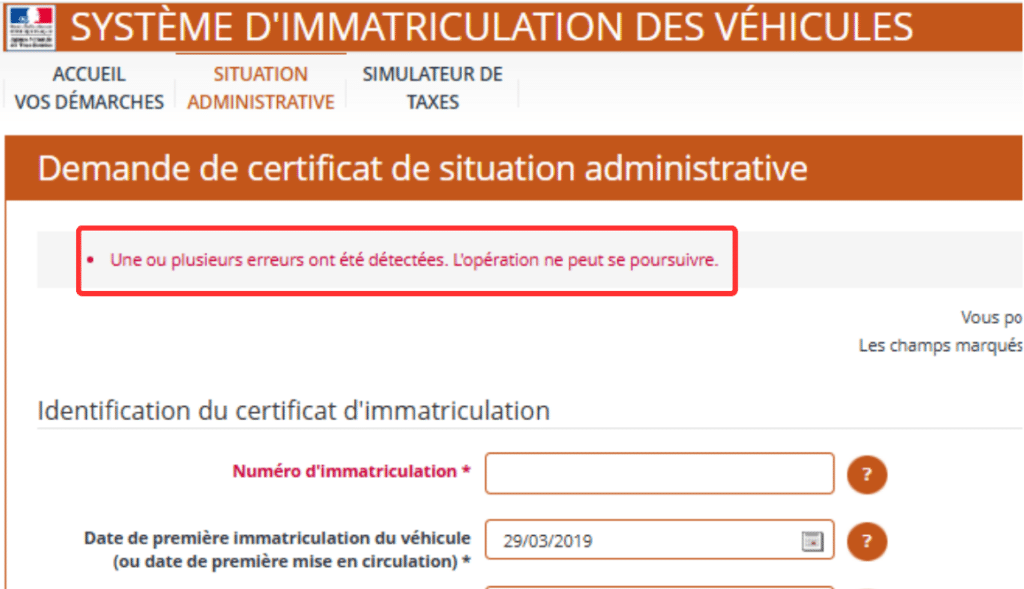 Certificat de non gage Formulaire erreur Une ou plusieurs erreurs ont été détectées. L’opération ne peut se poursuivre.